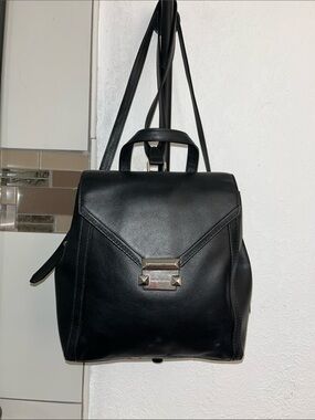 Michael Kors Whitney Medium Black Leather Backpack with Silver-Tone Hardware